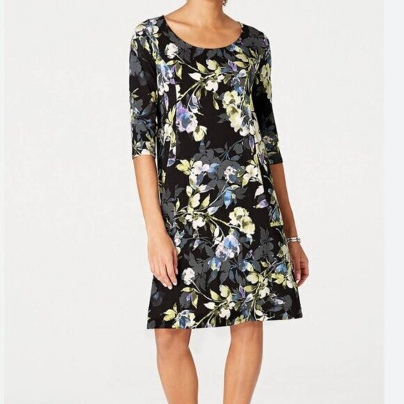 J. Jill Wearever Collection WE Floral Print Scoop Neck Dress Size L Half Sleeves - Picture 1 of 9